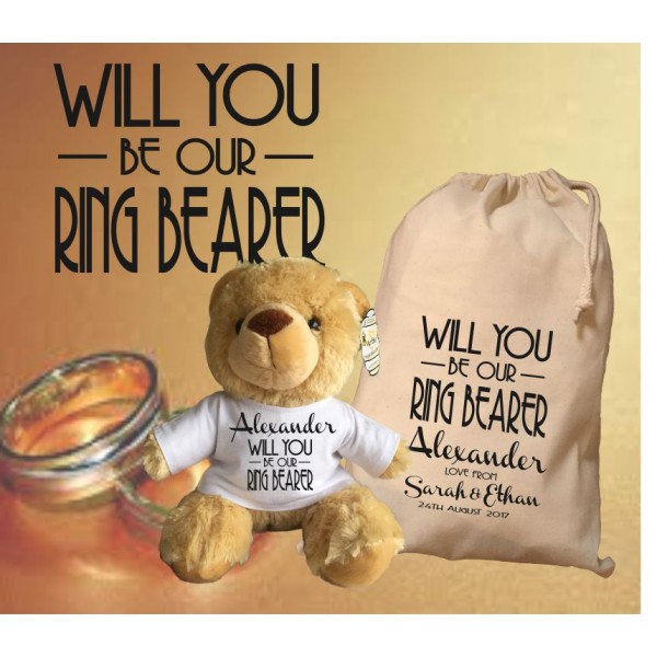 Personalised Ring Bearer Teddy Bear With Matching Gift Bag -Alexander Design - Wedding Favour, Wedding Gift
